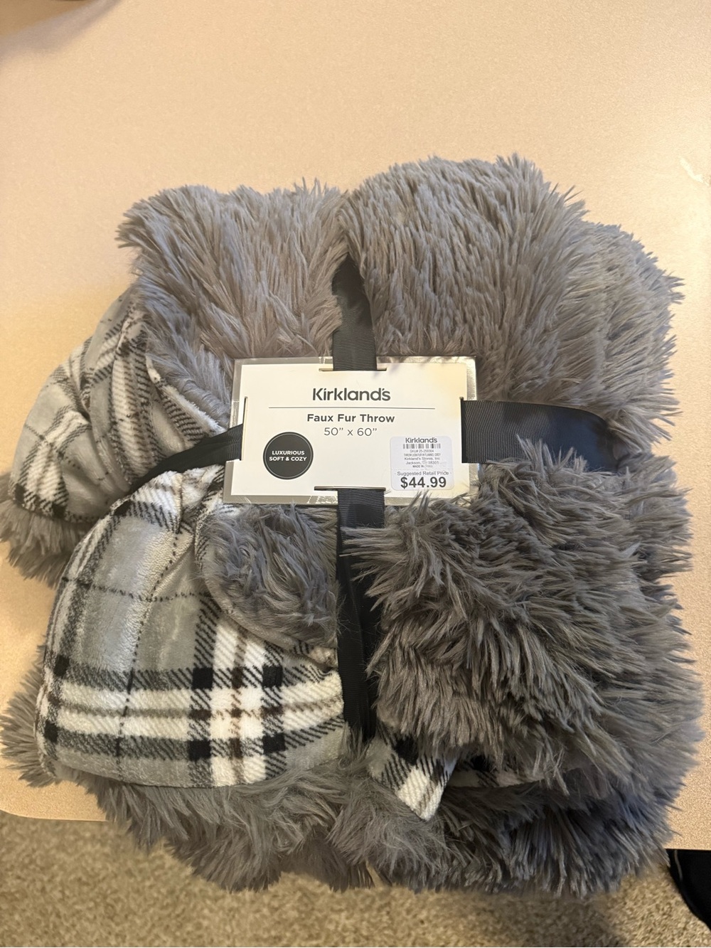 Kirkland Kids Plush Faux Fur Throw Blanket - Gray Plaid